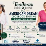 Our American Dream Cookbook Signing Summer Open House flyer — Friday, July 17, 2026, 4 to 7 PM at Teodora's, Cohasset MA, featuring Jennifer Glanville Love.